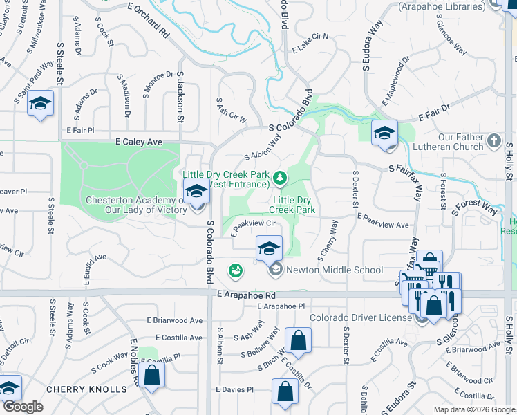 map of restaurants, bars, coffee shops, grocery stores, and more near 4237 East Peakview Circle in Centennial