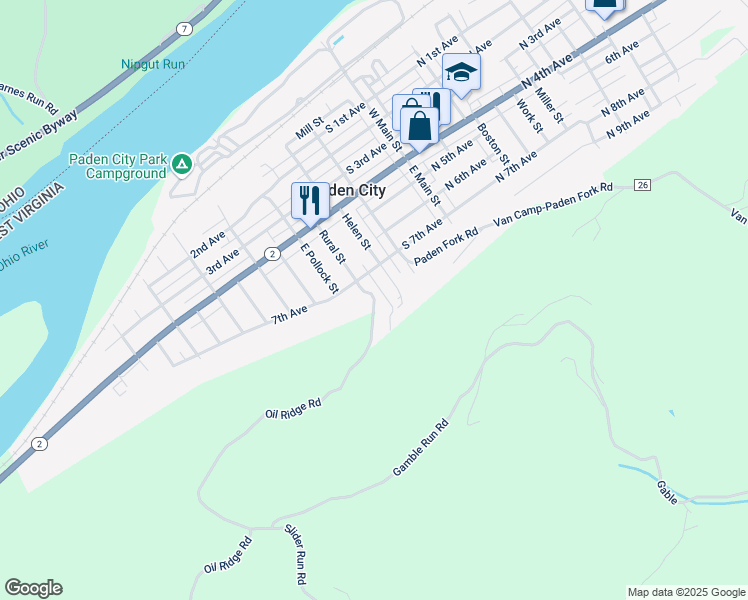 map of restaurants, bars, coffee shops, grocery stores, and more near County Road 1/6 in Paden City