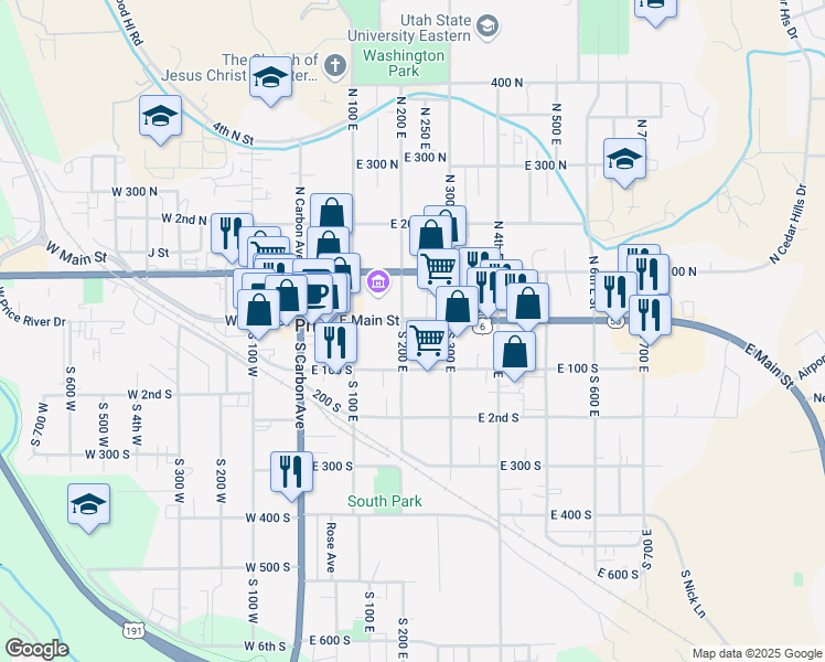 map of restaurants, bars, coffee shops, grocery stores, and more near 200 East Main Street in Price