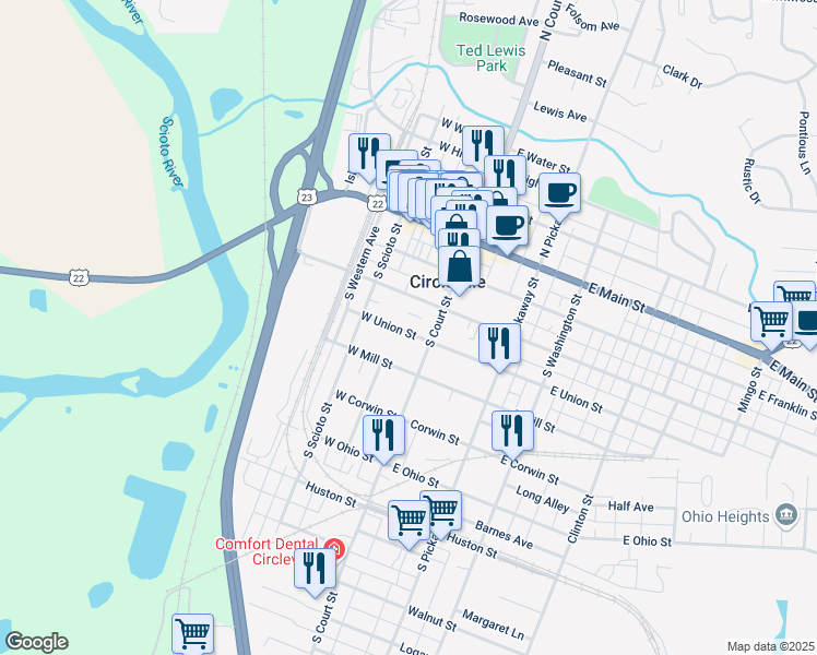 map of restaurants, bars, coffee shops, grocery stores, and more near 146 West Union Street in Circleville