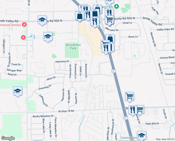 map of restaurants, bars, coffee shops, grocery stores, and more near 1261 Kenwood Drive in Greenwood