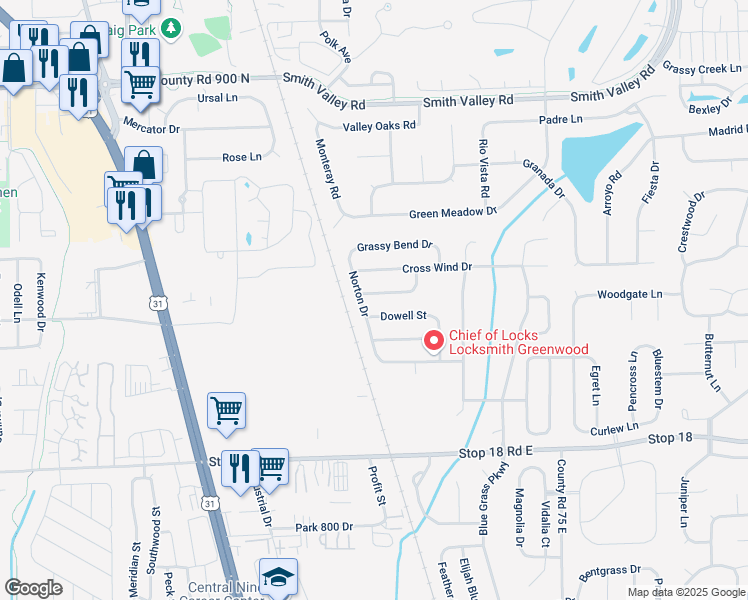 map of restaurants, bars, coffee shops, grocery stores, and more near 601 Cross Wind Drive in Greenwood