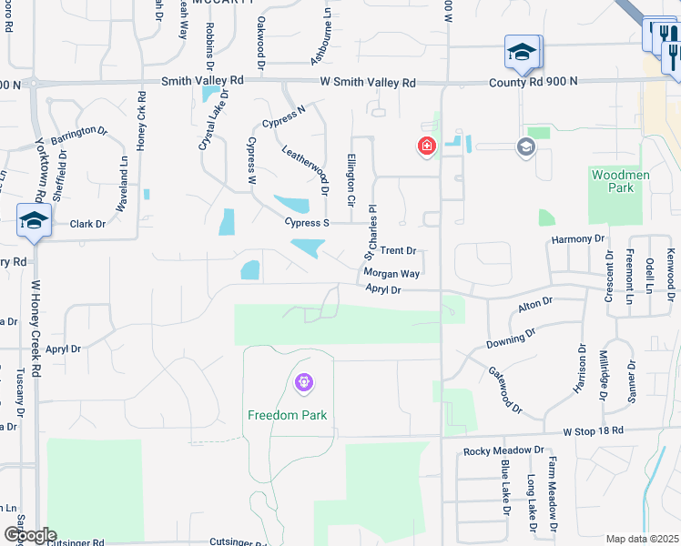 map of restaurants, bars, coffee shops, grocery stores, and more near 1043 Drew Court in Greenwood