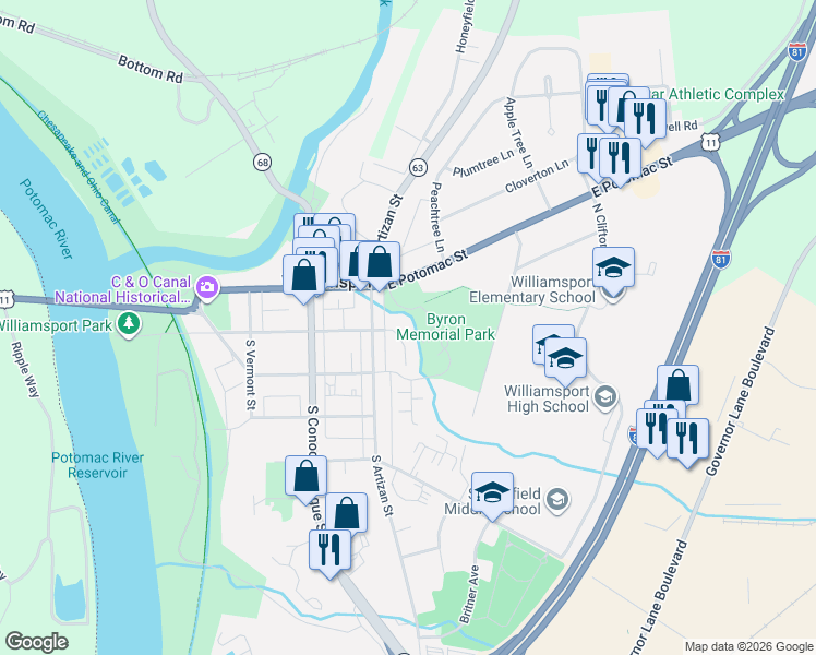 map of restaurants, bars, coffee shops, grocery stores, and more near 213 Otho Holland Drive in Williamsport