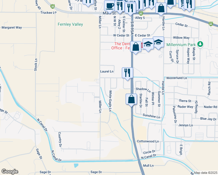 map of restaurants, bars, coffee shops, grocery stores, and more near 540 White Eagle Lane in Fernley