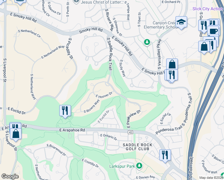 map of restaurants, bars, coffee shops, grocery stores, and more near 22145 East Peakview Drive in Aurora