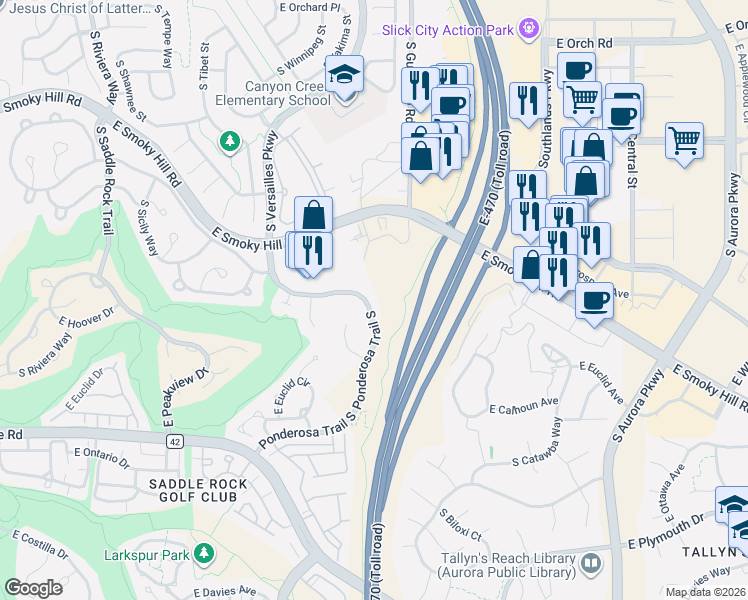 map of restaurants, bars, coffee shops, grocery stores, and more near 6392 South Yellowstone Way in Aurora