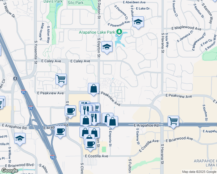 map of restaurants, bars, coffee shops, grocery stores, and more near 9959 East Peakview Avenue in Greenwood Village