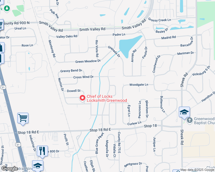 map of restaurants, bars, coffee shops, grocery stores, and more near 1302 Blue Grass Parkway in Greenwood