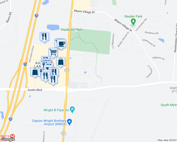 map of restaurants, bars, coffee shops, grocery stores, and more near Springpointe Circle in Miamisburg