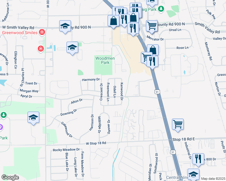 map of restaurants, bars, coffee shops, grocery stores, and more near 1256 Odell Lane in Greenwood
