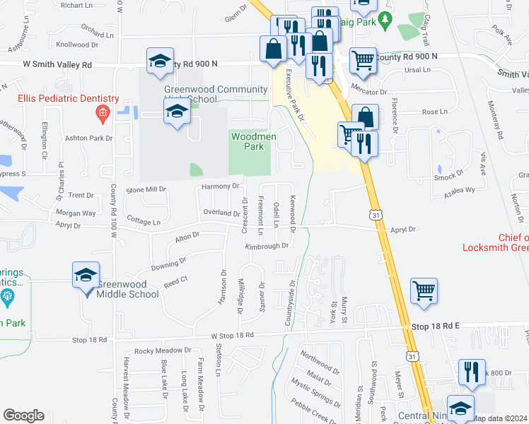 map of restaurants, bars, coffee shops, grocery stores, and more near 1257 Freemont Lane in Greenwood