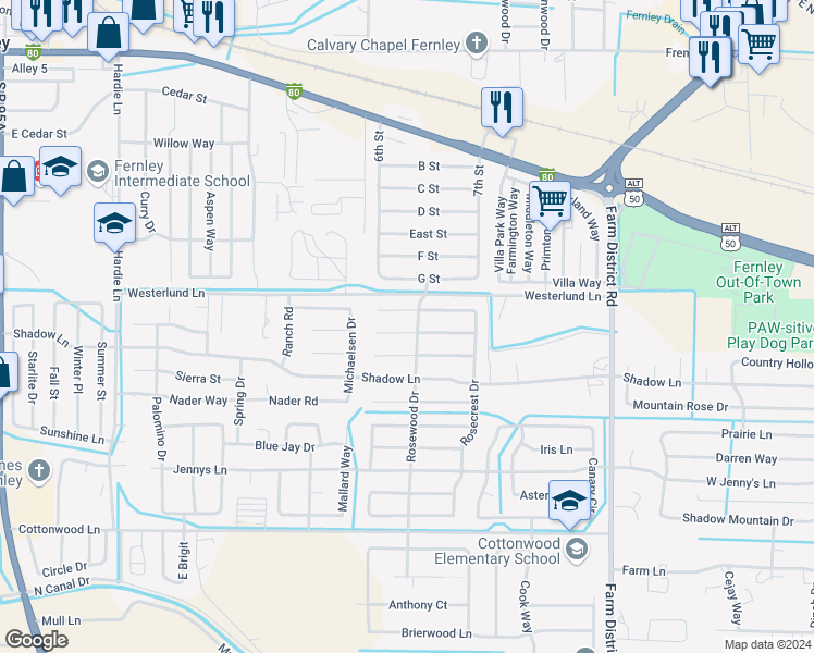 map of restaurants, bars, coffee shops, grocery stores, and more near 314 Wildrose Court in Fernley