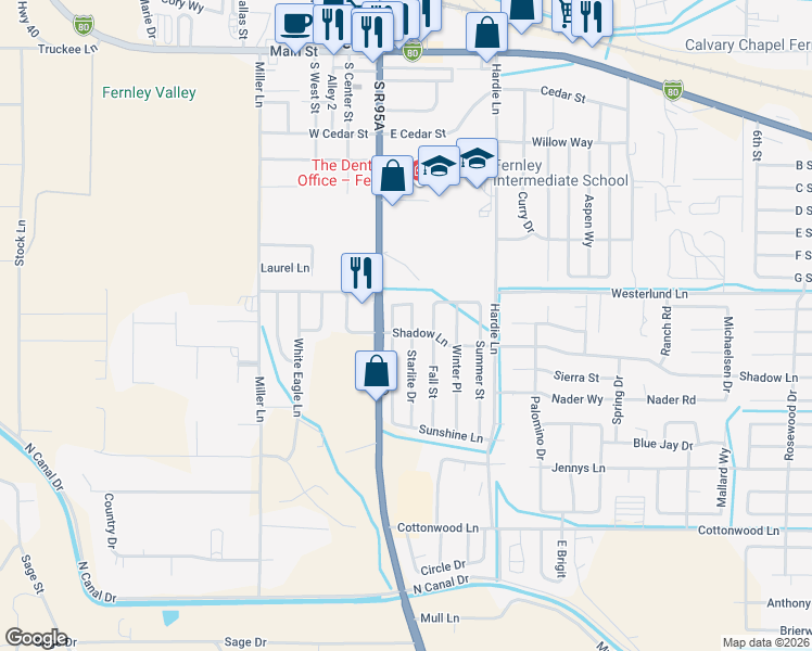 map of restaurants, bars, coffee shops, grocery stores, and more near 580 Starlite Drive in Fernley