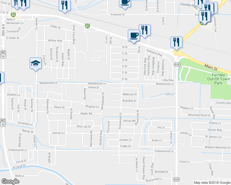 map of restaurants, bars, coffee shops, grocery stores, and more near 310 Wildrose Court in Fernley
