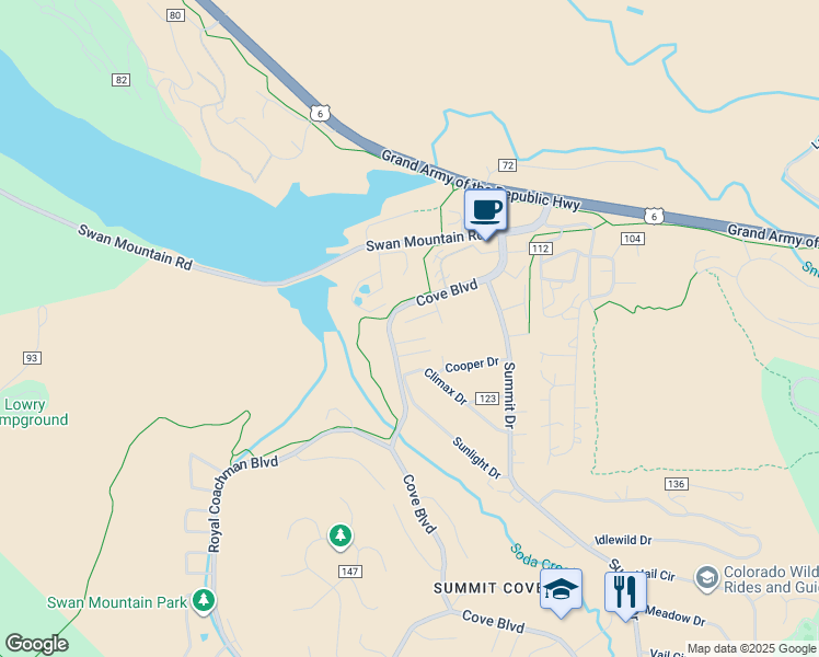 map of restaurants, bars, coffee shops, grocery stores, and more near 256 Cove Boulevard in Dillon
