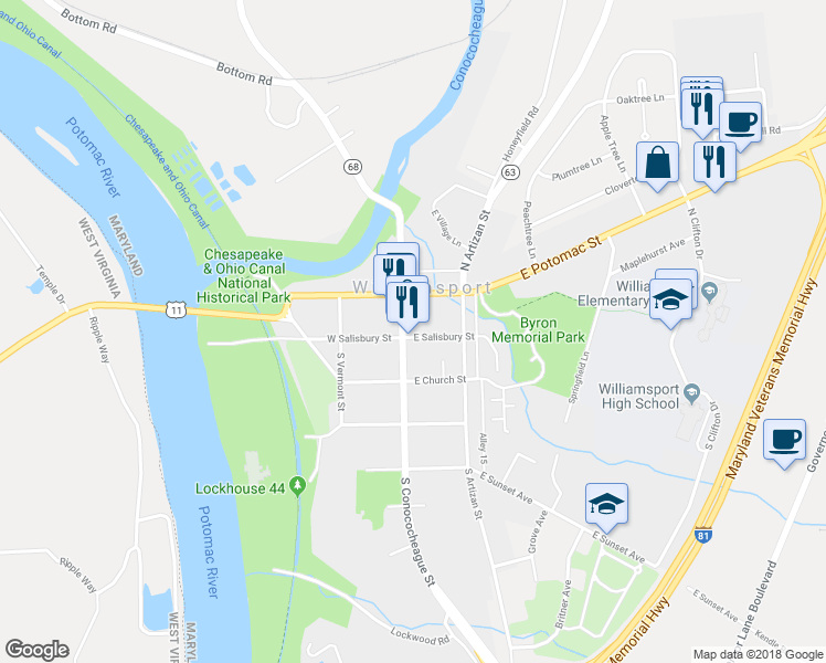 map of restaurants, bars, coffee shops, grocery stores, and more near 11 East Salisbury Street in Williamsport