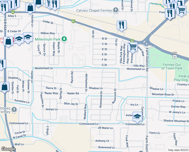 map of restaurants, bars, coffee shops, grocery stores, and more near 306 Wildrose Court in Fernley