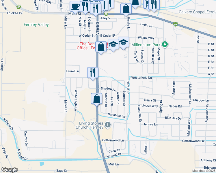 map of restaurants, bars, coffee shops, grocery stores, and more near 575 Starlite Drive in Fernley