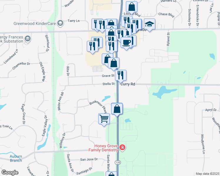 map of restaurants, bars, coffee shops, grocery stores, and more near 3021 Stella Street in Greenwood