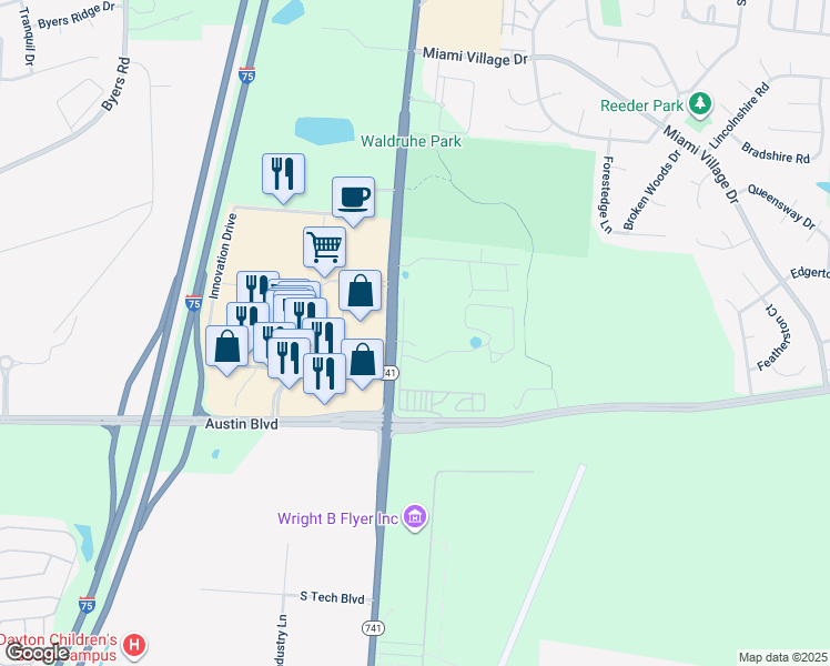 map of restaurants, bars, coffee shops, grocery stores, and more near 10406 North Springboro Pike in Miamisburg
