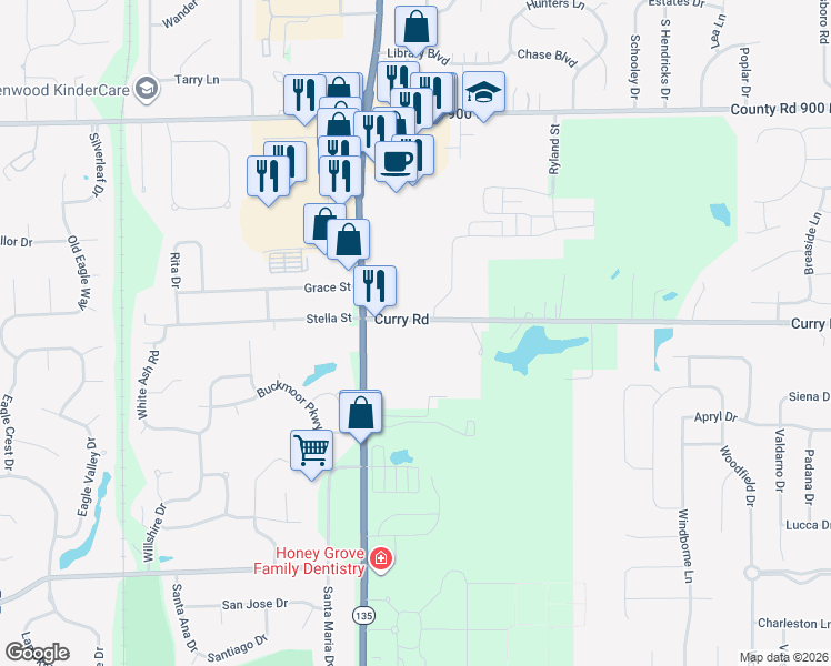 map of restaurants, bars, coffee shops, grocery stores, and more near 1100 Devonshire East Drive in Greenwood