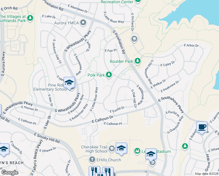 map of restaurants, bars, coffee shops, grocery stores, and more near 25787 East Weaver Place in Centennial