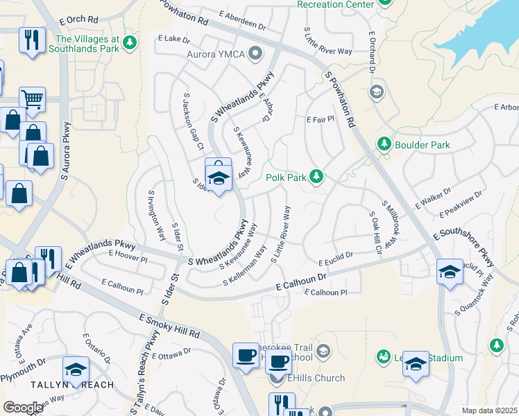map of restaurants, bars, coffee shops, grocery stores, and more near 6458 South Kewaunee Way in Aurora