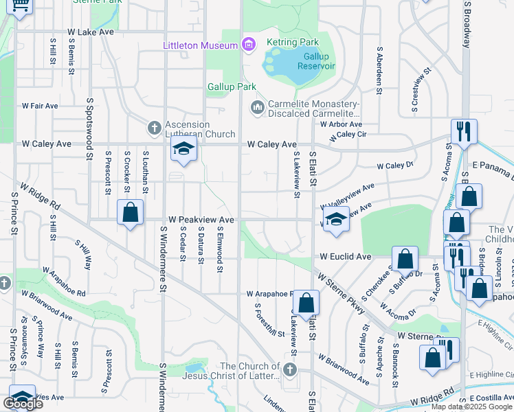 map of restaurants, bars, coffee shops, grocery stores, and more near 1155 West Longview Avenue in Littleton
