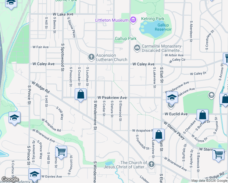 map of restaurants, bars, coffee shops, grocery stores, and more near in Littleton