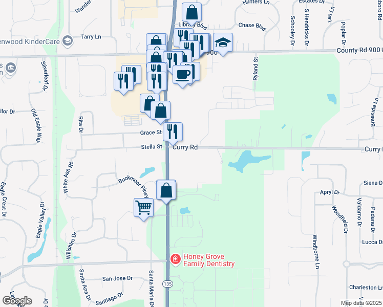 map of restaurants, bars, coffee shops, grocery stores, and more near 1100 Devonshire East Drive in Greenwood