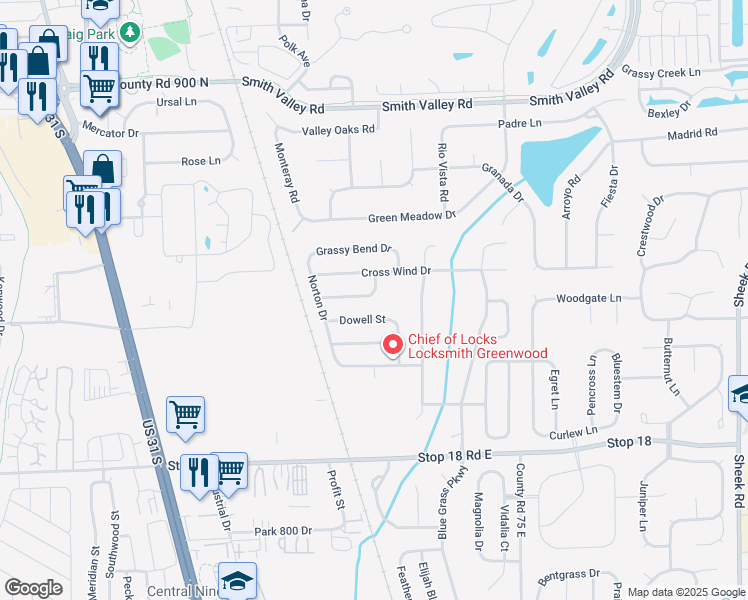 map of restaurants, bars, coffee shops, grocery stores, and more near 639 Greenway Street in Greenwood