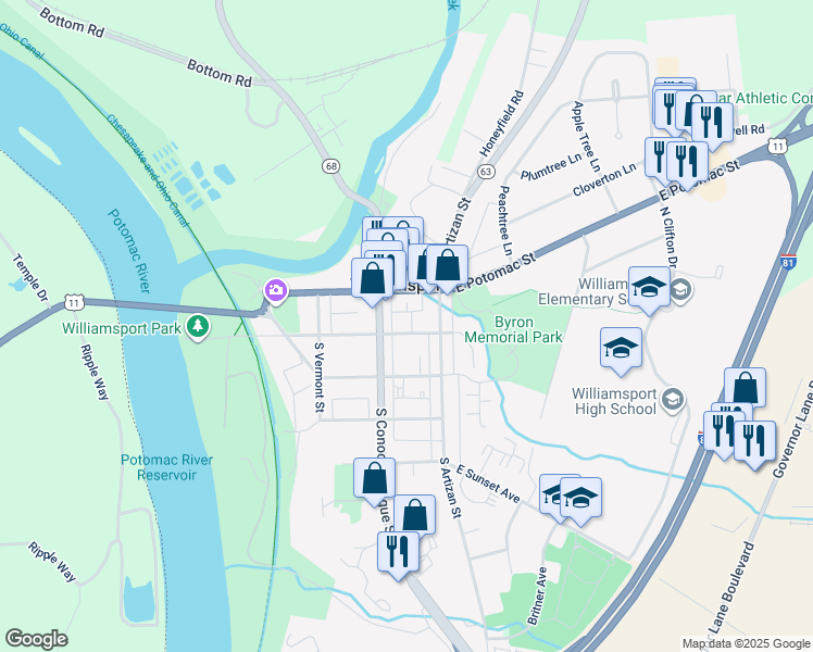 map of restaurants, bars, coffee shops, grocery stores, and more near 25 East Salisbury Street in Williamsport