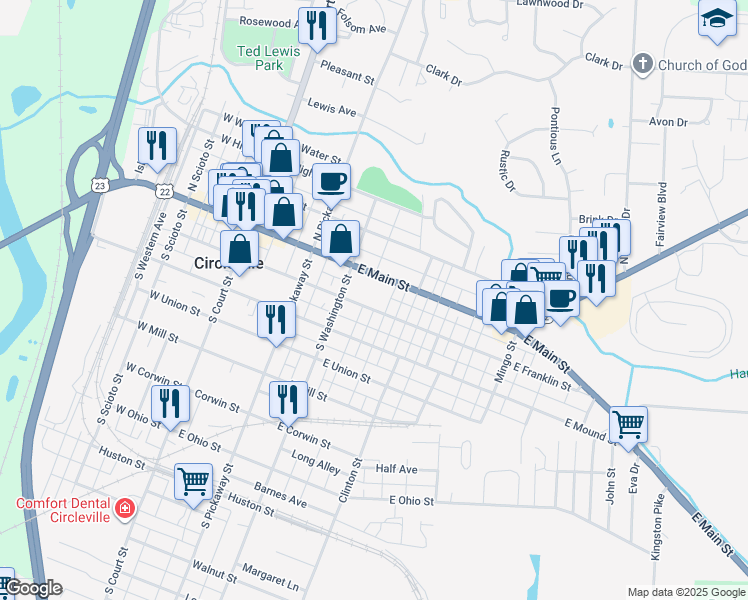 map of restaurants, bars, coffee shops, grocery stores, and more near 333 East Main Street in Circleville