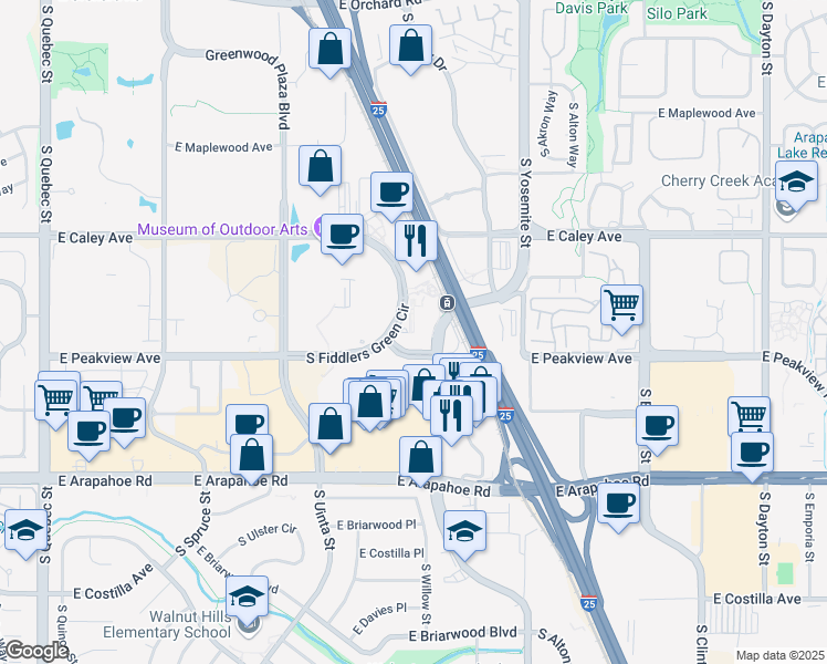 map of restaurants, bars, coffee shops, grocery stores, and more near 6400 South Fiddlers Green Circle in Greenwood Village