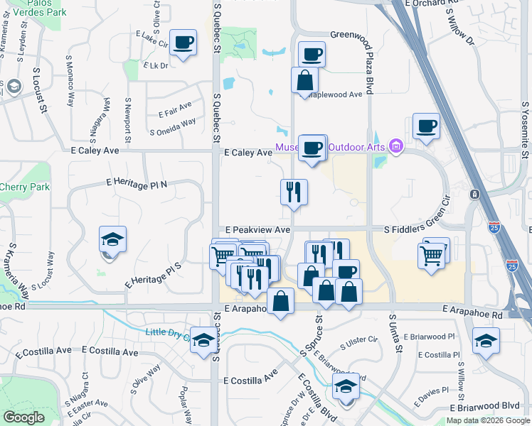 map of restaurants, bars, coffee shops, grocery stores, and more near 7555 East Peakview Avenue in Centennial