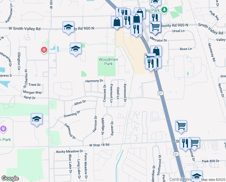 map of restaurants, bars, coffee shops, grocery stores, and more near 1249 Freemont Lane in Greenwood