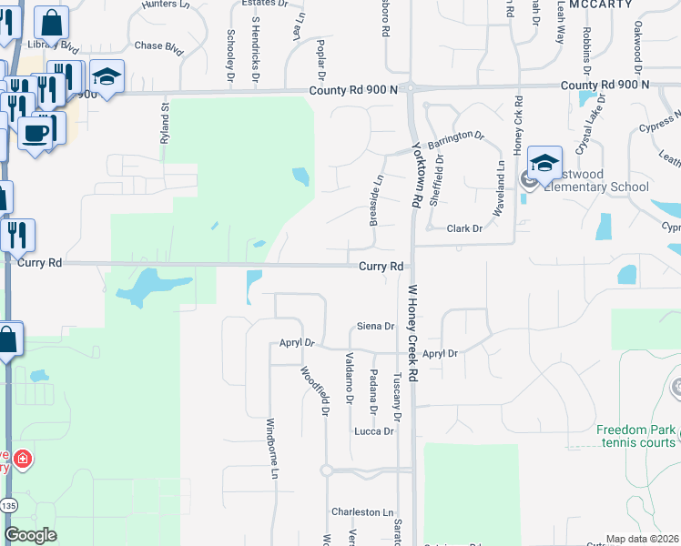 map of restaurants, bars, coffee shops, grocery stores, and more near 1259 Elm Grove Lane in Greenwood