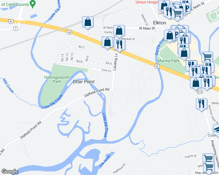 map of restaurants, bars, coffee shops, grocery stores, and more near 475 Landing Lane in Elkton