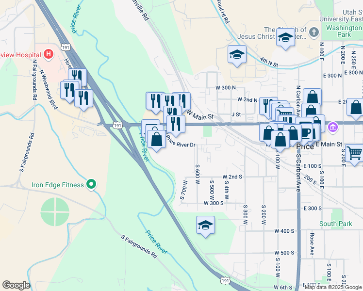 map of restaurants, bars, coffee shops, grocery stores, and more near 610 West Price River Drive in Price