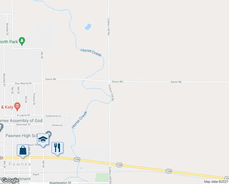 map of restaurants, bars, coffee shops, grocery stores, and more near 13892 Cotton Hill Road in Pawnee