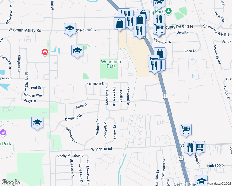 map of restaurants, bars, coffee shops, grocery stores, and more near 1194 Freemont Lane in Greenwood
