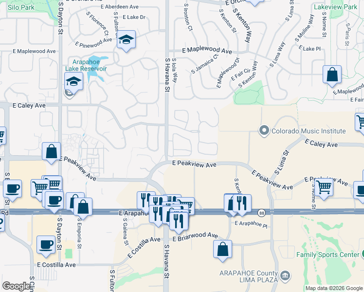 map of restaurants, bars, coffee shops, grocery stores, and more near 6360 South Havana Street in Englewood