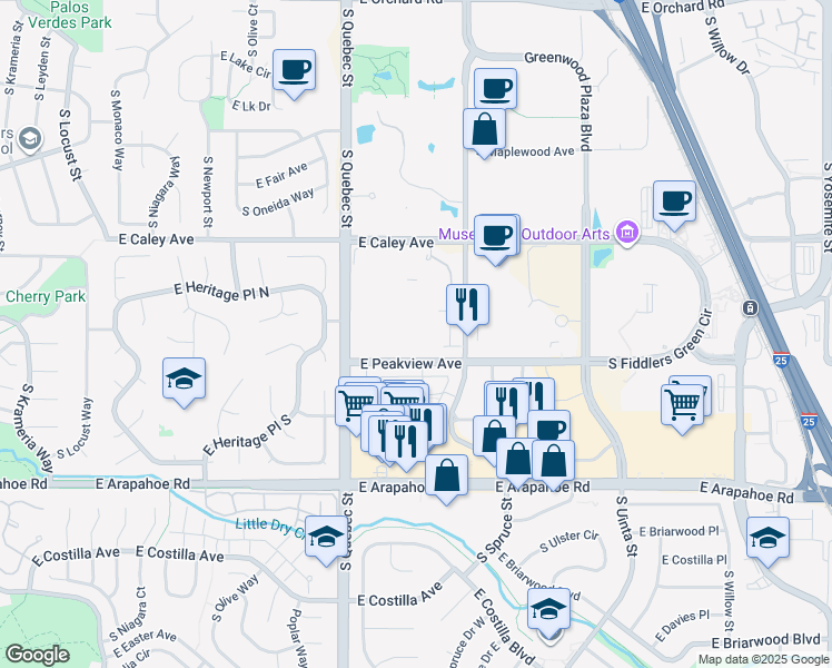 map of restaurants, bars, coffee shops, grocery stores, and more near 7575 East Peakview Avenue in Englewood