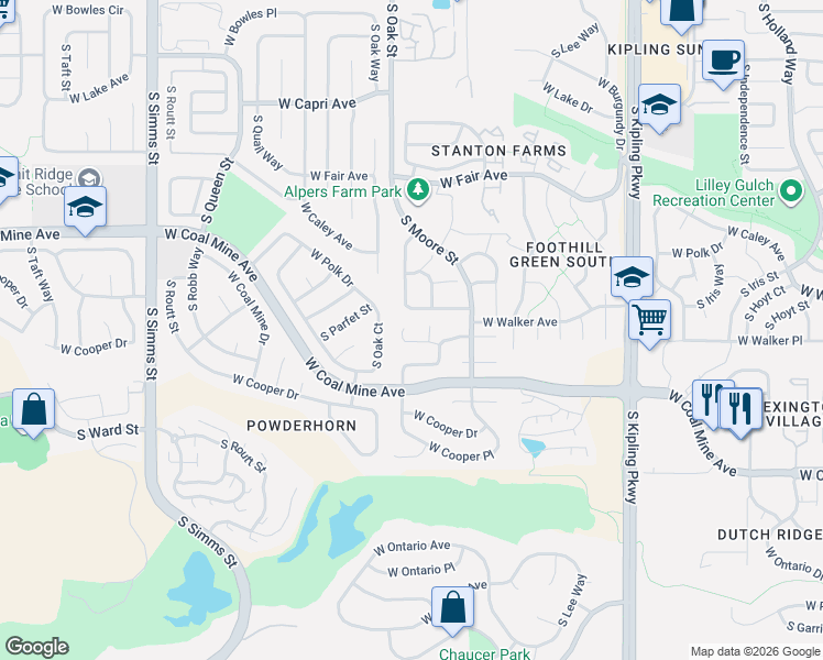 map of restaurants, bars, coffee shops, grocery stores, and more near 10755 West Walker Place in Littleton