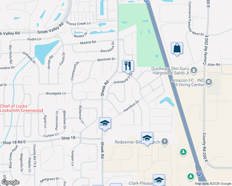 map of restaurants, bars, coffee shops, grocery stores, and more near 1312 Flintlock Drive in Greenwood