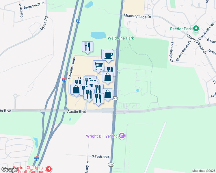 map of restaurants, bars, coffee shops, grocery stores, and more near 10800 Innovation Drive in Miamisburg
