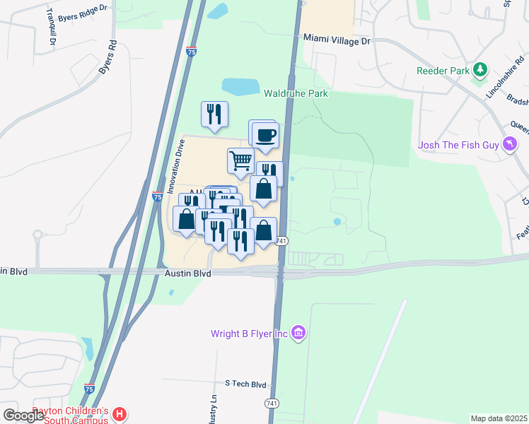 map of restaurants, bars, coffee shops, grocery stores, and more near 10800 Innovation Drive in Miamisburg
