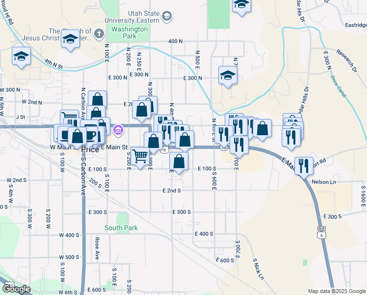 map of restaurants, bars, coffee shops, grocery stores, and more near 442 East Main Street in Price
