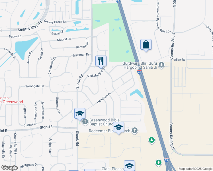 map of restaurants, bars, coffee shops, grocery stores, and more near 1345 Colony Park Circle in Greenwood
